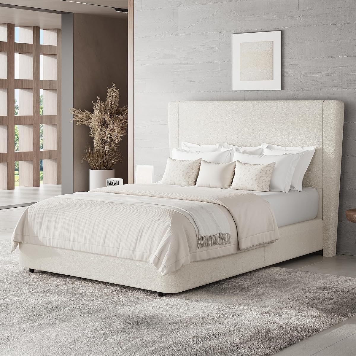 Boucle Queen Bed Frame, 51.2" Wingback Headboard, Beige