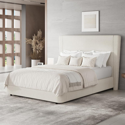Boucle Queen Bed Frame, 51.2" Wingback Headboard, Beige