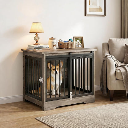 Dog Crate Furniture with Barn Door, Heavy Duty Kennel End Table, Gray Black