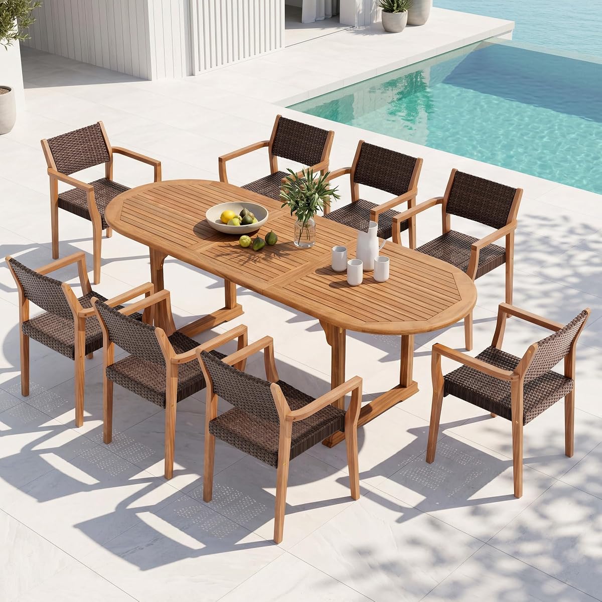 Outdoor Dining Set for 8, Expandable Acacia Wood Table & Chairs | 9pc teak patio furniture set. Large farmhouse set for deck, porch, backyard