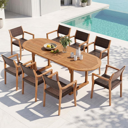 Outdoor Dining Set for 8, Expandable Acacia Wood Table & Chairs | 9pc teak patio furniture set. Large farmhouse set for deck, porch, backyard
