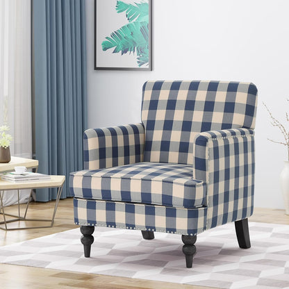 Eve Modern Upholstered Club Chair, Wooden Living Room Accent Chair, Comfy Bedroom Reading Chair, Multifunctional Armchair, Blue Checkerboard