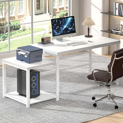 Large White Computer Desk, Home Office Desk with Printer Space & PC Tower Stand