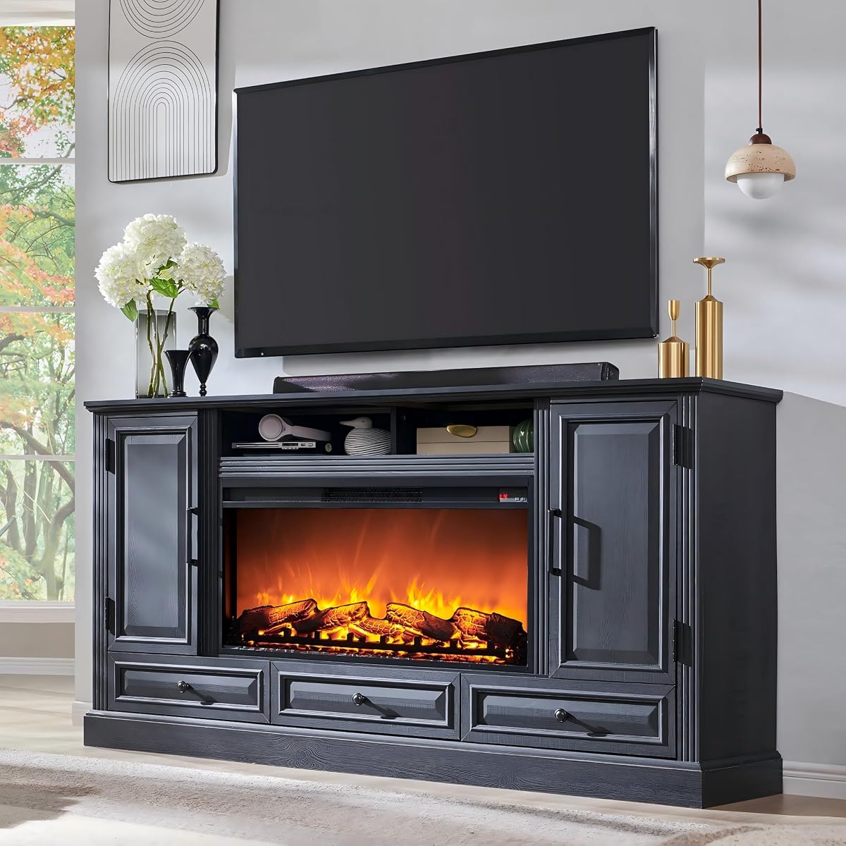 35.7" Tall Farmhouse Fireplace TV Stand for 80 Inch TV Living Room, Black