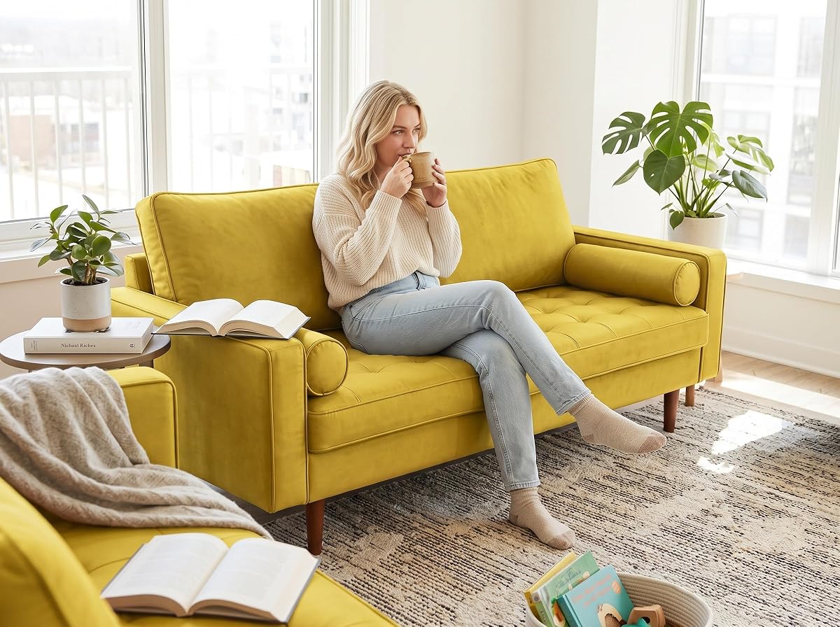 Mid Century Velvet Sofa in Goldenrod