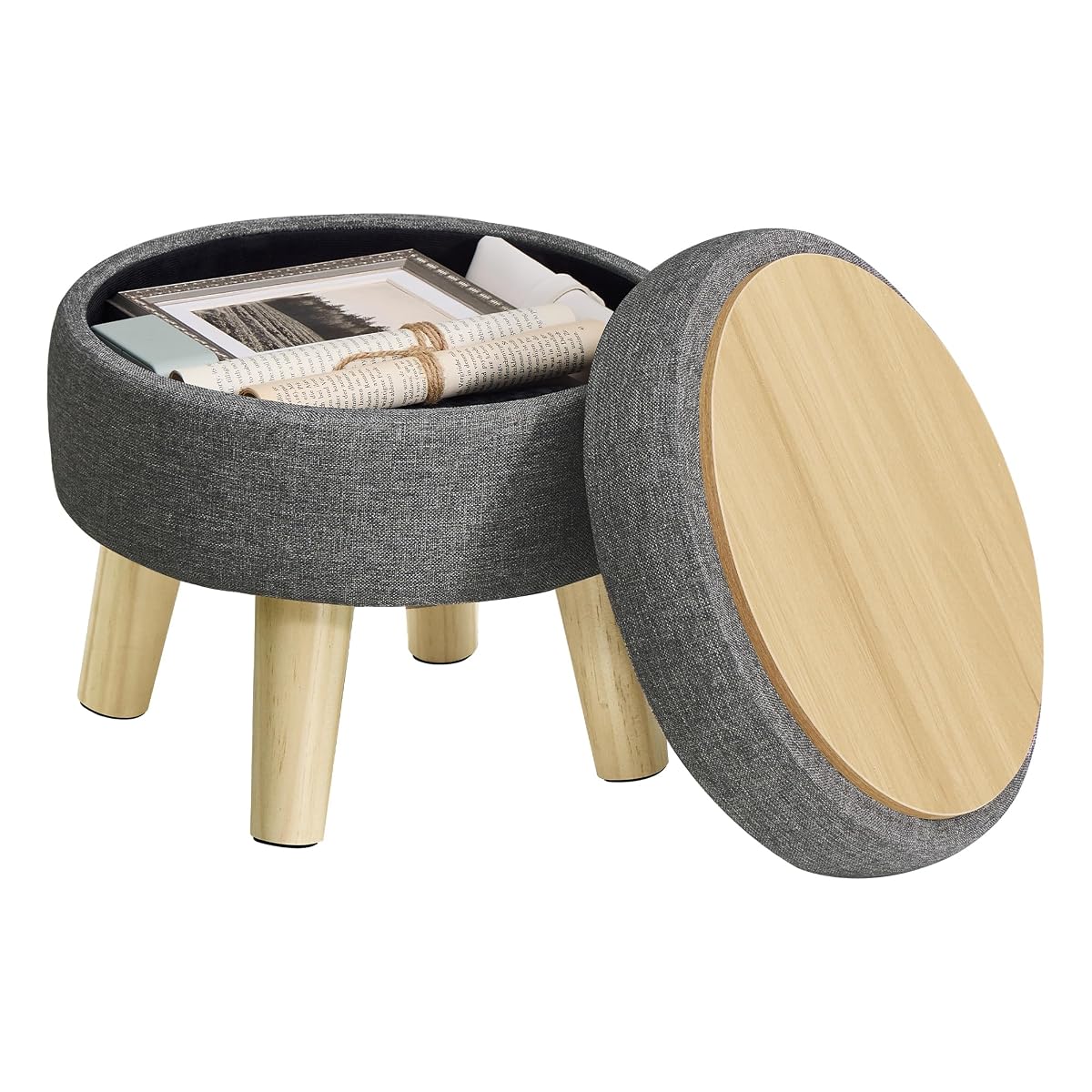 SONGMICS Storage Ottoman, Foot Stool, Foot Rest with Wood Legs | Small Table for Hallway, Living Room, 12.2 Inches, Linen-Look Fabric, Slate Gray ULOM514GN01