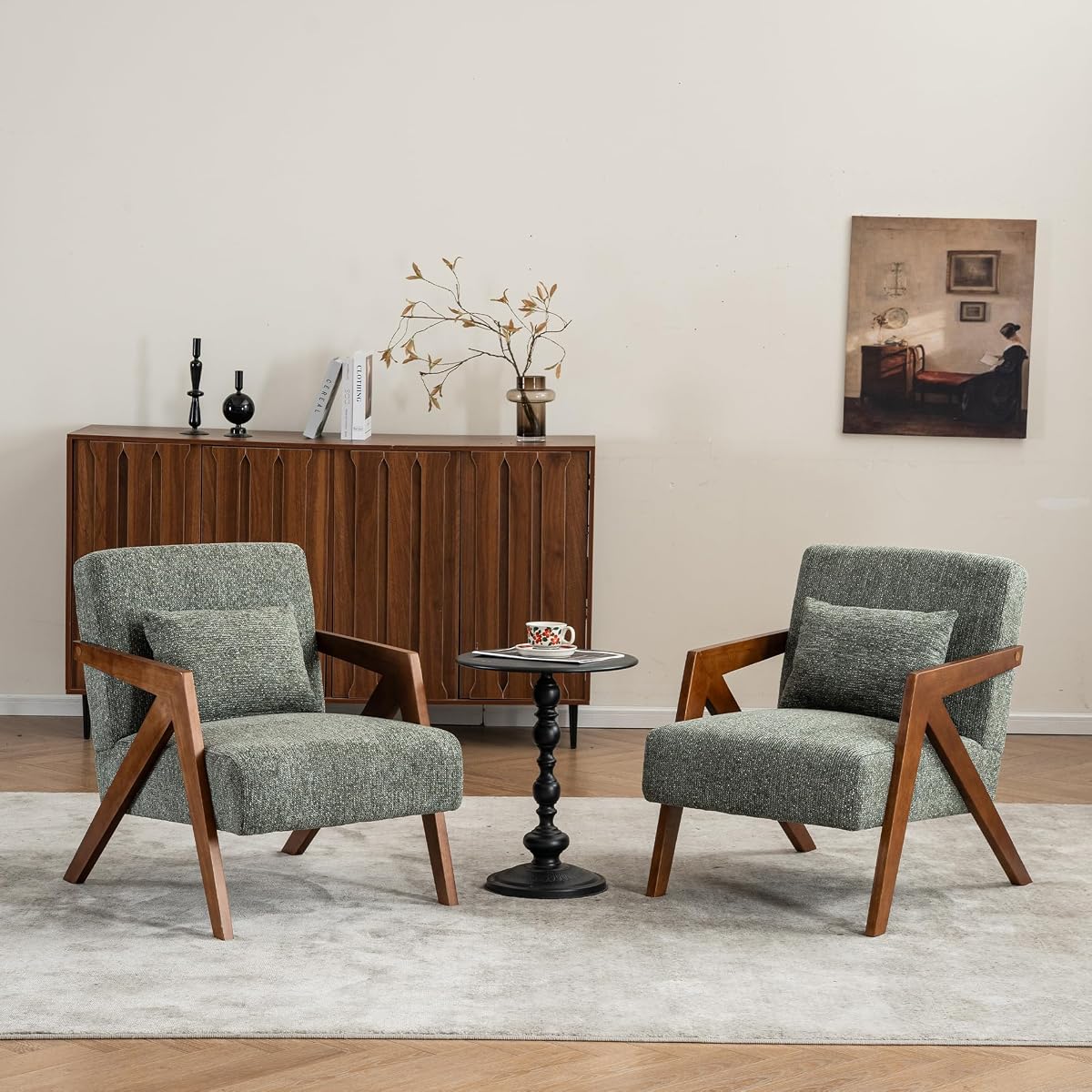 Mid-Century Modern Accent Chair Set of 2 with Solid Wood Frame，Upholstered Chenille Living Room Arm Chairs with Pillow for Bedroom, Living Room, Reading Room, Balcony, Green