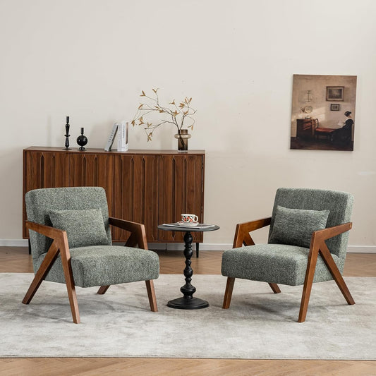 Mid-Century Modern Accent Chair Set of 2 with Solid Wood Frame，Upholstered Chenille Living Room Arm Chairs with Pillow for Bedroom, Living Room, Reading Room, Balcony, Green