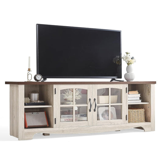 TV Stand for 75 Inch TV, Modern Farmhouse Entertainment Center with Storage Cabinets and Glass Doors, Tall Media Console Table for Living Room, Bedroom, Large Long Television Stand, Beige