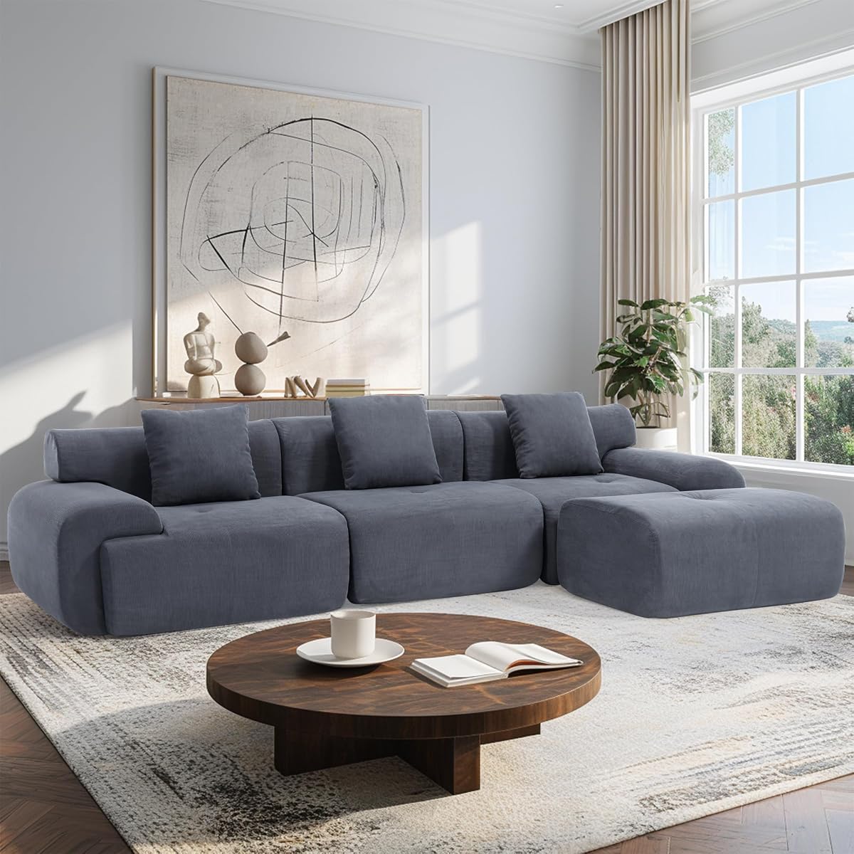 122 Inch Modular Sectional Sofa, Premium Corduroy Cloud Couch with Ottoman, 1200lbs Capacity Heavy Duty Deep Seat Sectional, High-Density Foam (Gray, 3 Seater & 1 Ottoman)