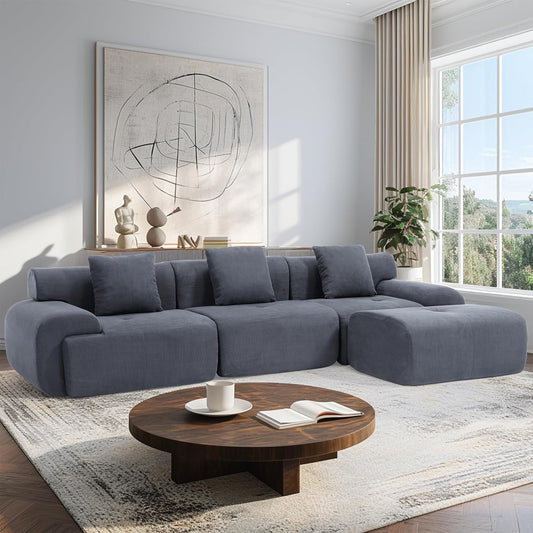 122 Inch Modular Sectional Sofa, Premium Corduroy Cloud Couch with Ottoman, 1200lbs Capacity Heavy Duty Deep Seat Sectional, High-Density Foam (Gray, 3 Seater & 1 Ottoman)