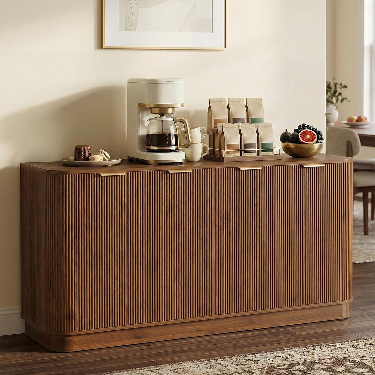 63" Fluted Sideboard Cabinet, 4 Doors, TV Stand Console, Walnut