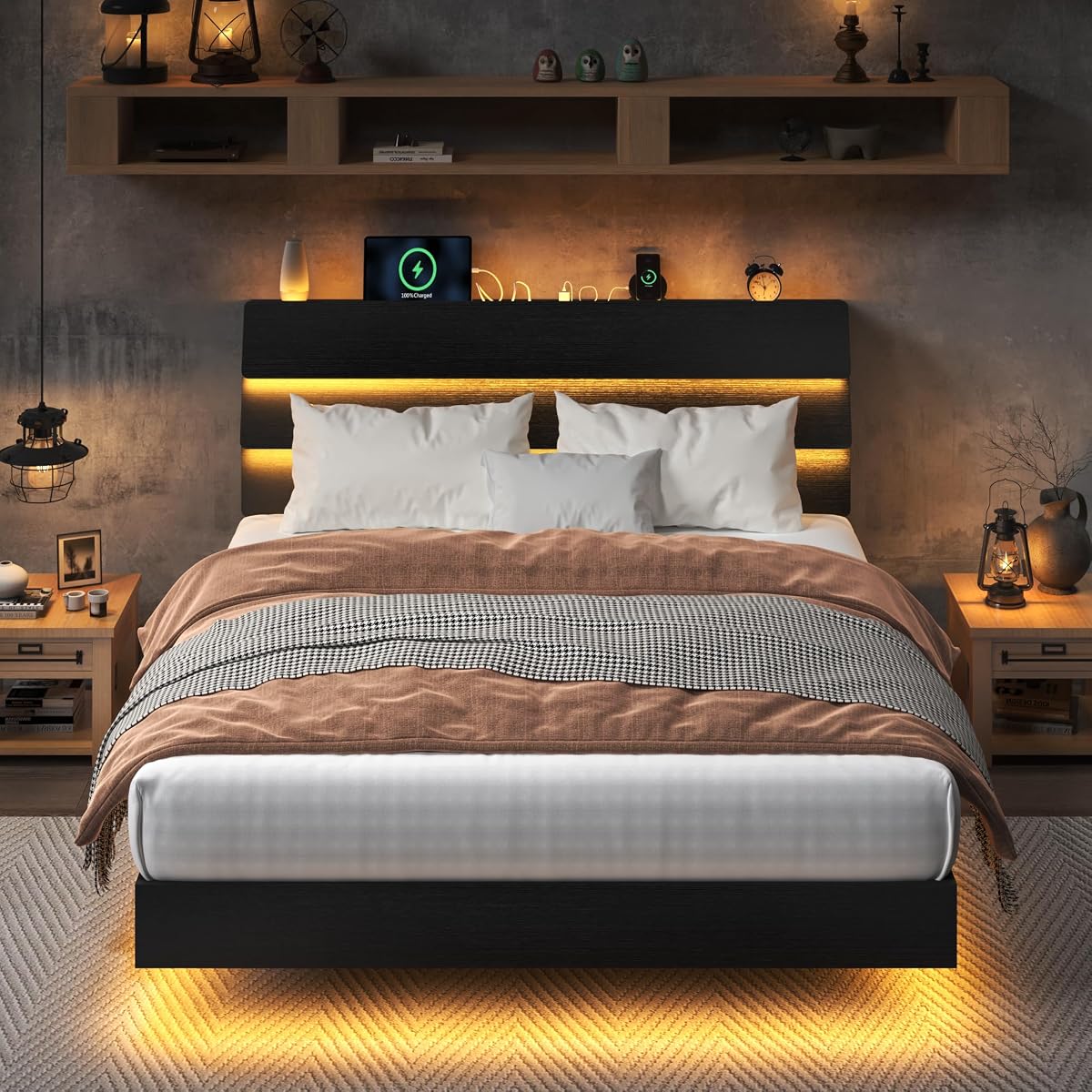 Floating Bed Frame Queen Size with Led Lights and Charging Station