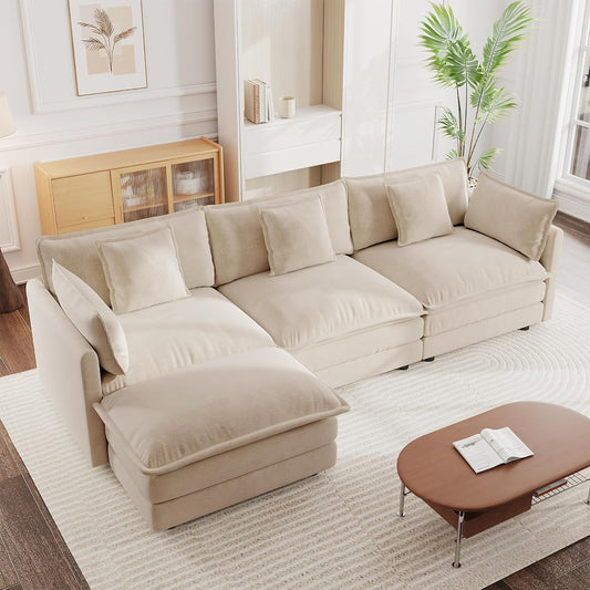 Modular Sectional Sofa, 111.5 Inch L Shaped Couch Set for Living Room, 3-Seater Comfy Cloud Couches with Movable Ottoman, DIY Combination, Chenille, Light Coffee