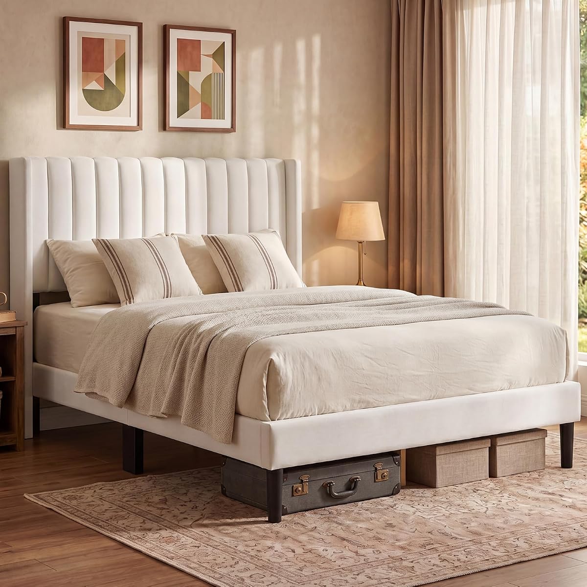 Beige Upholstered Full Bed Frame with Headboard