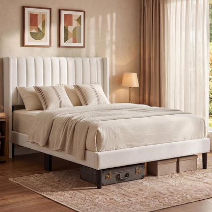 Beige Upholstered Full Bed Frame with Headboard