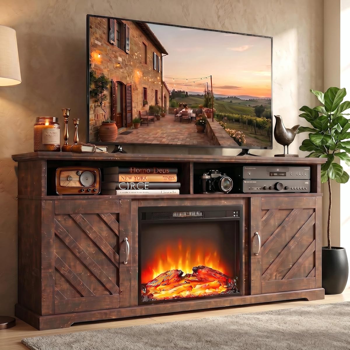 Fireplace TV Stand for 70 inch TV, Farmhouse Entertainment Center with Storage