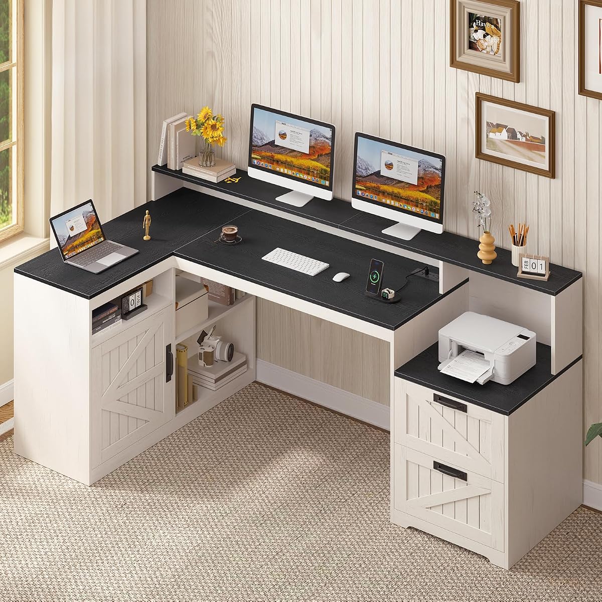 63" Farmhouse L Shaped Desk with Drawers and Printer Stand for Home Office