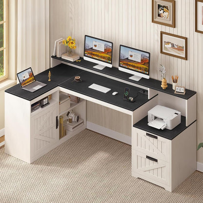 63" Farmhouse L Shaped Desk with Drawers and Printer Stand for Home Office