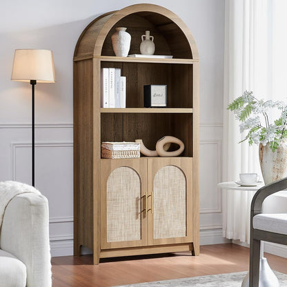 Rattan Arched Cabinet Bookshelf - 69.3” Tall Mid Century Display Cabinet, Rounded Bookcase with Rattan Doors, Open Shelf Storage for Dining Room (Caramel Oak, 1 PC)