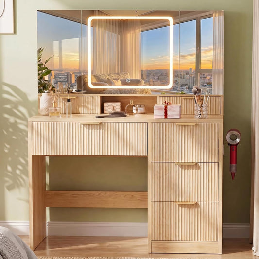 Vanity Desk with 3-Way Mirror and Lights, Makeup Vanity with 360° View Mirror