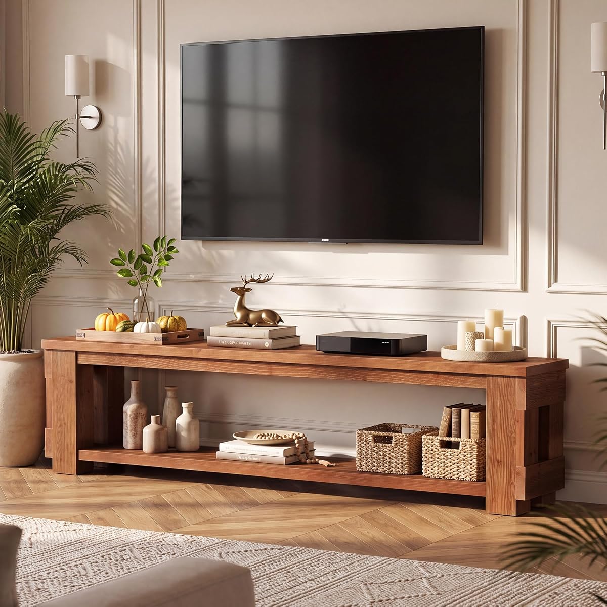 70.87" Solid Wood TV Stand with Open Storage Shelf, 17.7" High