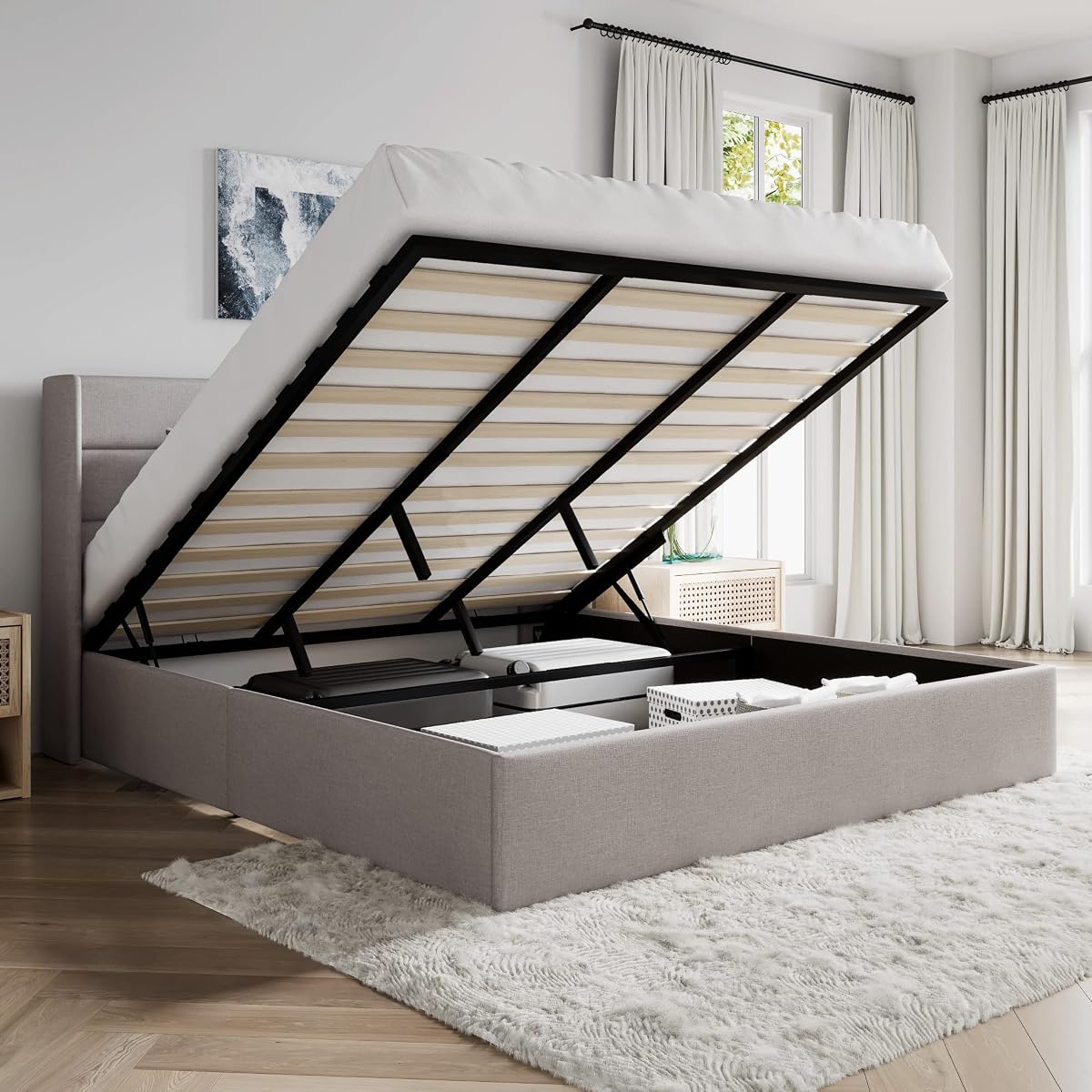King Size Lift Up Hydraulic Storage Bed Frame Light Beige