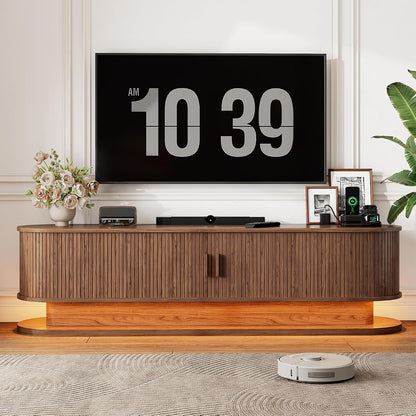70" TV Stand Up to 80 Inch, Fluted Media Console Cabinet Walnut
