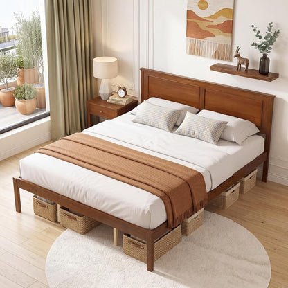 Queen Size Bed Frame, Farmhouse Wooden Platform Bed with Headboard