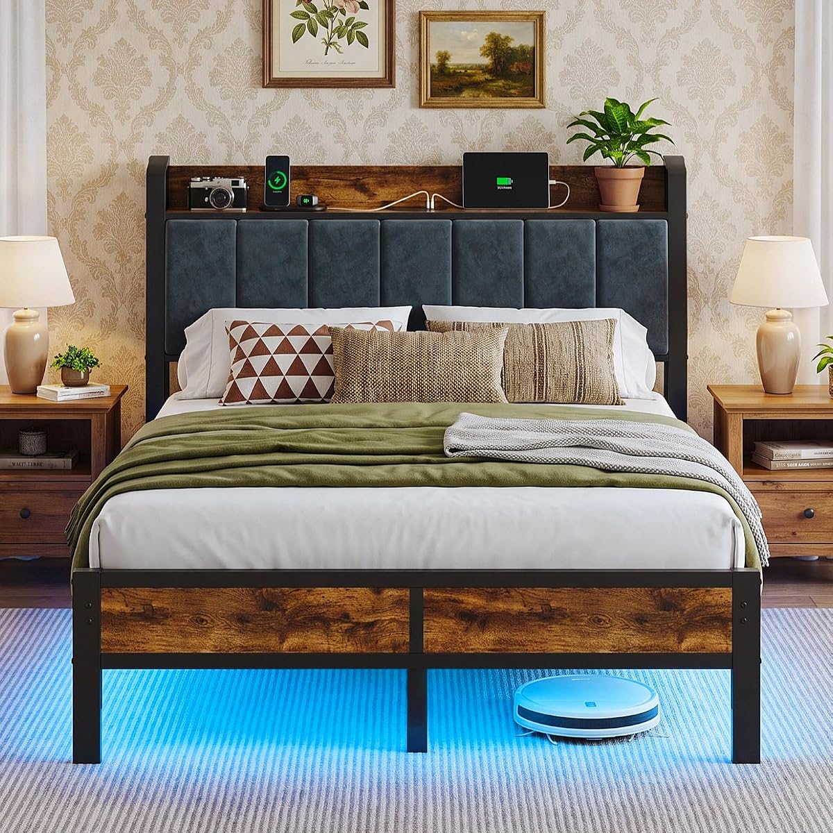 Full Size Bed Frame with Smart LED Lights and Charging Station
