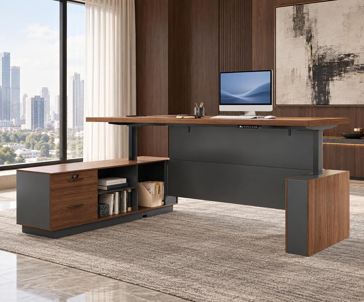 79" L-Shaped Executive Standing Desk, 4 Memory Presets, File Drawer, Power