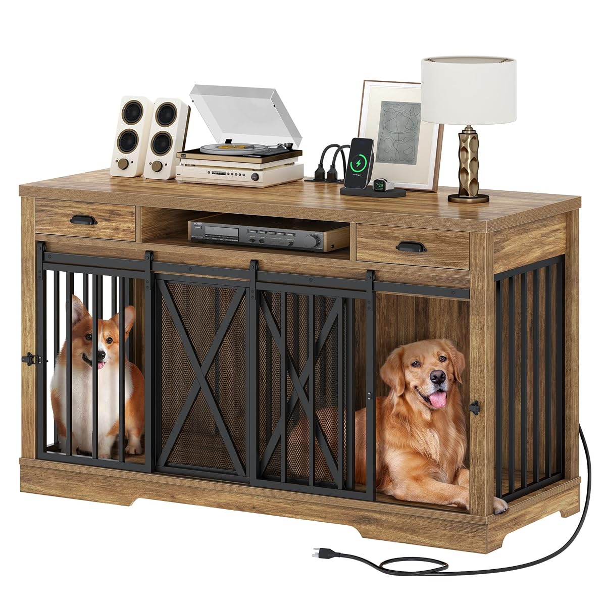 63" Double Dog Crate Furniture for 2 Dogs with Charging Station