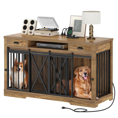 63" Double Dog Crate Furniture for 2 Dogs with Charging Station