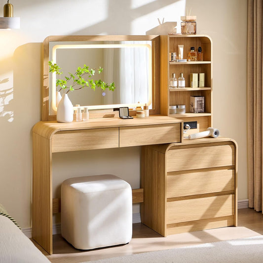 50” Modern Vanity Desk with Mirror and Lights with Charging Station Natural