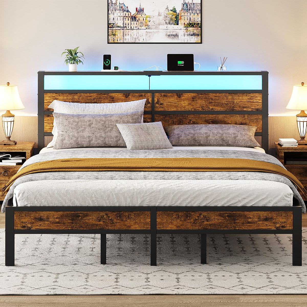 King Size Bed Frame with Storage Headboard, LED Lights