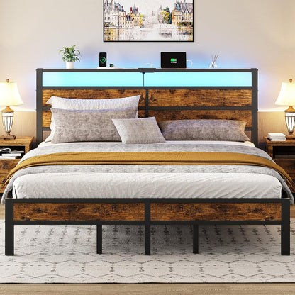 King Size Bed Frame with Storage Headboard, LED Lights