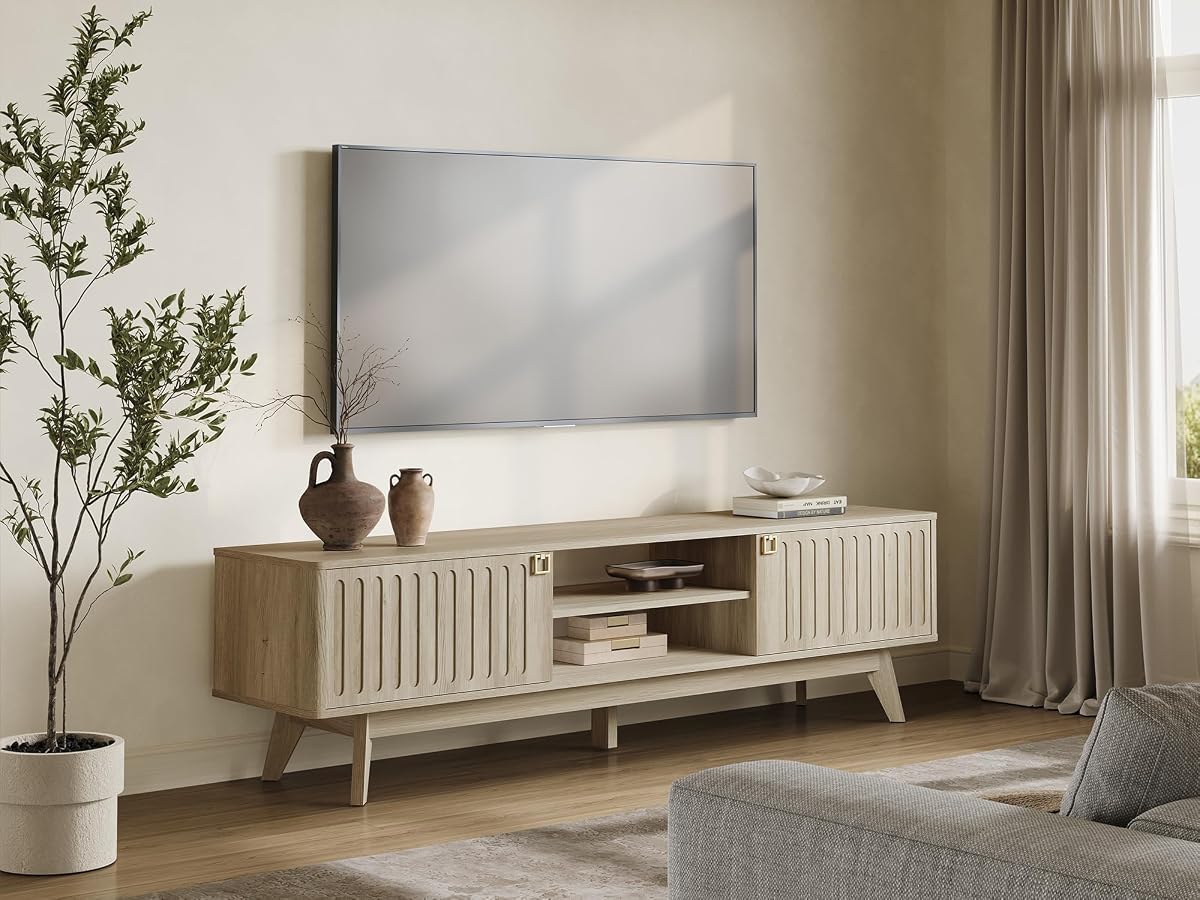 Modern TV Stand for 65/75/80 Inch TV, Long 70" TV Stand Entertainment Center with 2 Storage Cabinets, Fluted-Door Media TV Console Credenza Table for Living Room, Hallway, Light Oak