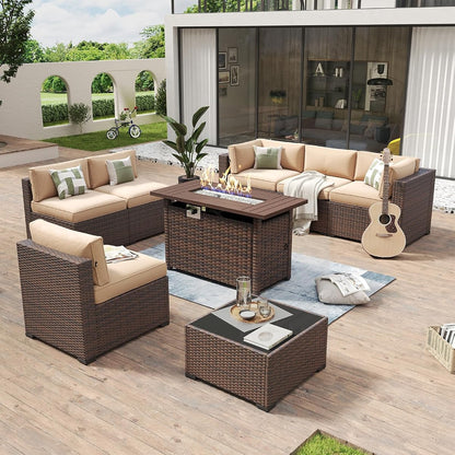 8 Piece Patio Furniture Set with 44” Fire Pit Table Wicker Rattan Outdoor Sectional Sofa Set with Coffee Table and Thickened Cushions, Beige