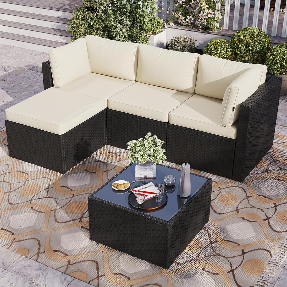 Patio Furniture Set 5-Piece, Outdoor Sectional Sofas with Washable Cushion, Wicker Rattan Patio Conversation Sets for Backyard Porch and Poolside