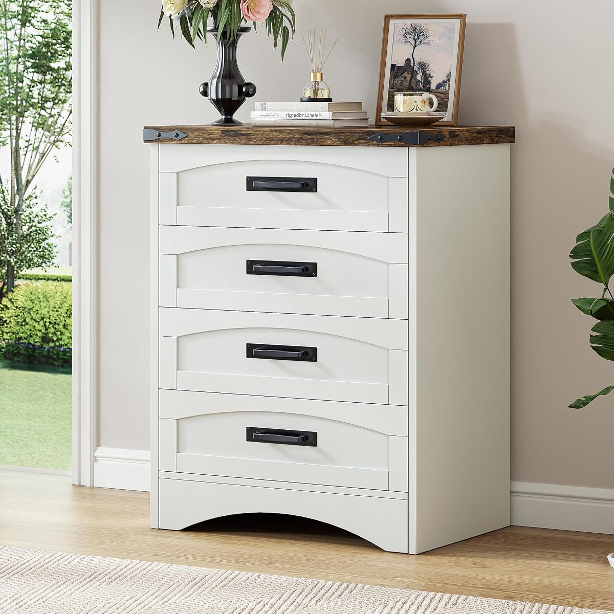 Farmhouse 4 Drawers Dresser for Bedroom, Walnut & White