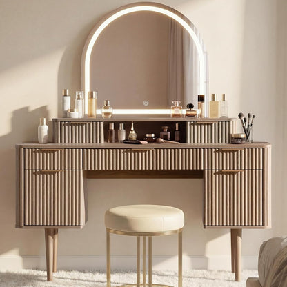 55.7" Fluted Vanity Desk with Arched Mirror, Modern Makeup Vanity, Oak