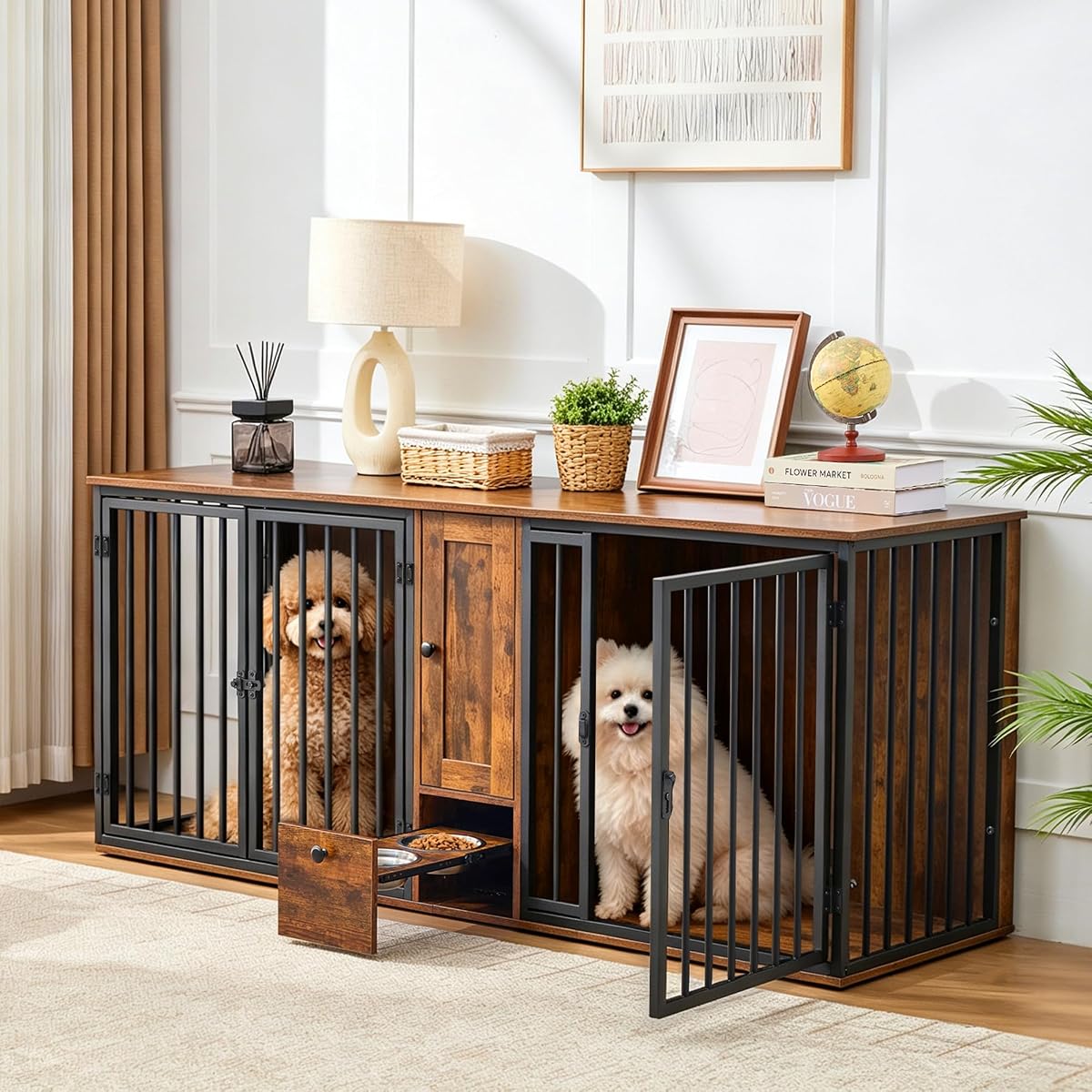70" Double Dog Crate Furniture w/Feeding Station & Storage Cabinet