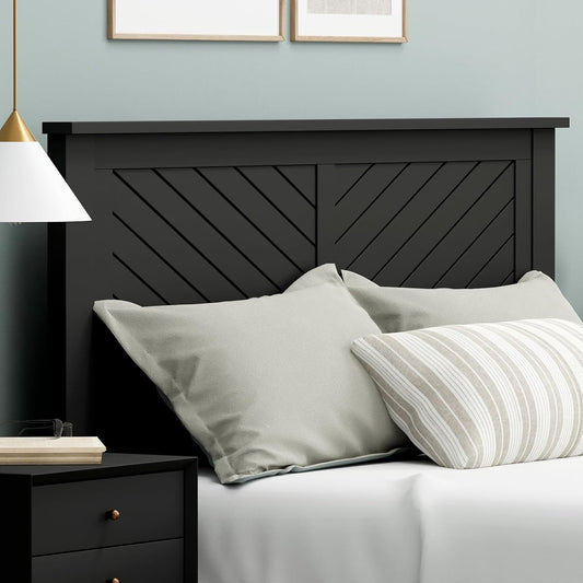 Wood Panel Headboard with Chevron Scoring, Queen Size, Black, Easy Assembly