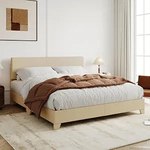 Full Size Upholstered Bed Frame Adjustable Headboard, Beige, view 2
