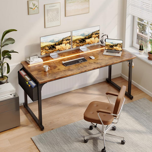 55" Office Desks with LED Lights,Gaming Writing Work from Home Study Desk with Storage Bag,Home Office Desk with Headphone Hook Sturdy Metal Frame, Rustic Brown