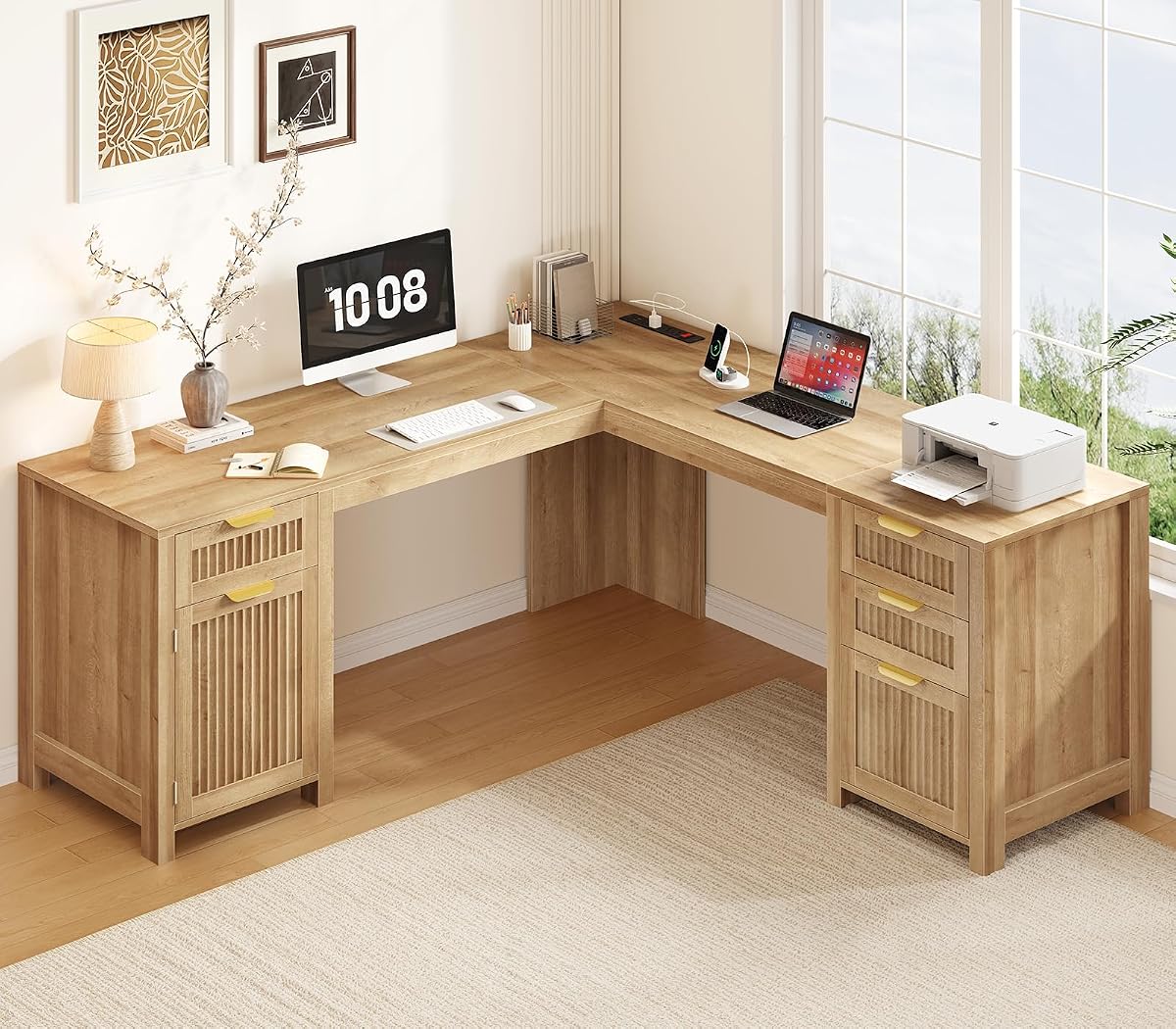 59" Fluted L Shaped Desk with Drawers & Storage Cabinet for Home Office