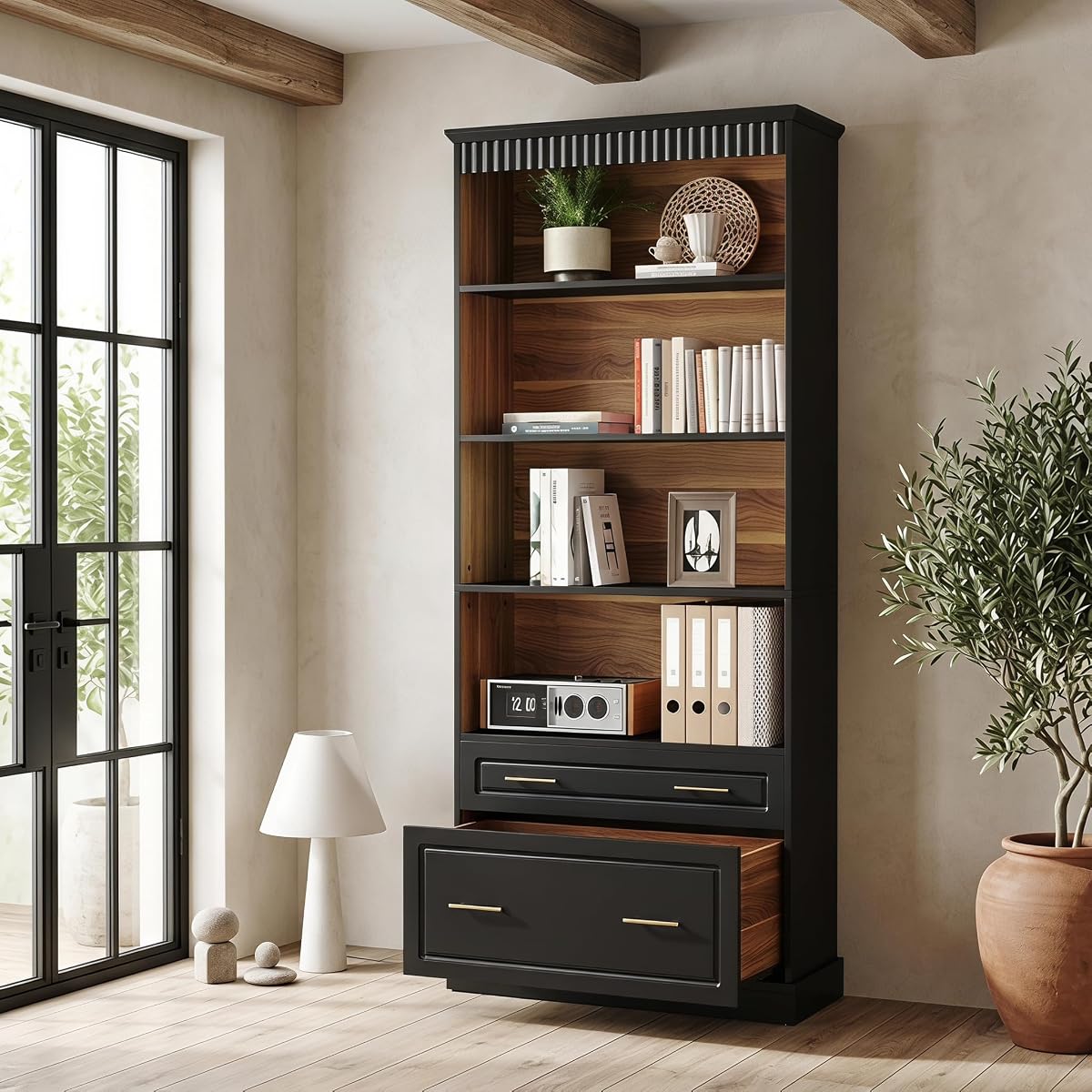 72" Tall Black Bookcase with 2 Drawers