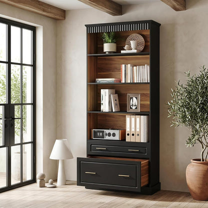 72" Tall Black Bookcase with 2 Drawers