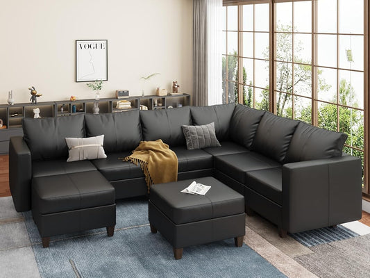 Faux Leather Sectional Sofa with Storage,Large U Shaped Faux Leather Modular Couch Sofa, Black