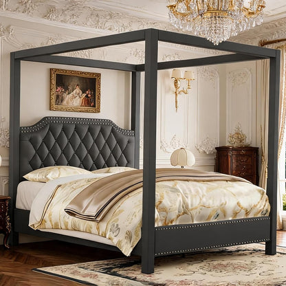 Upholstered Queen Size Bed Frame with Canopy Poles and Headboard